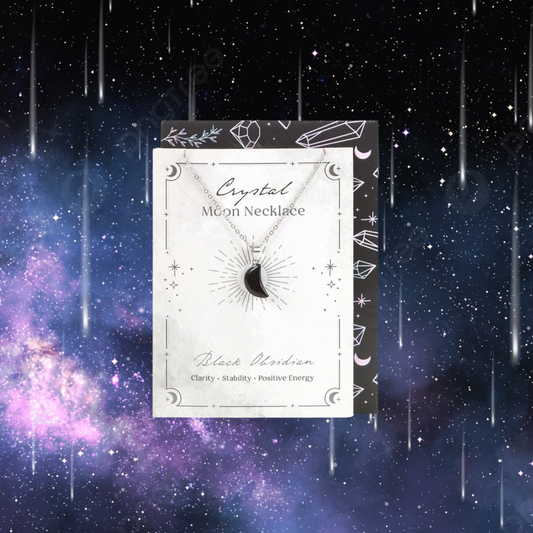 Black Obsidian Crystal Moon Necklace on Greeting Card