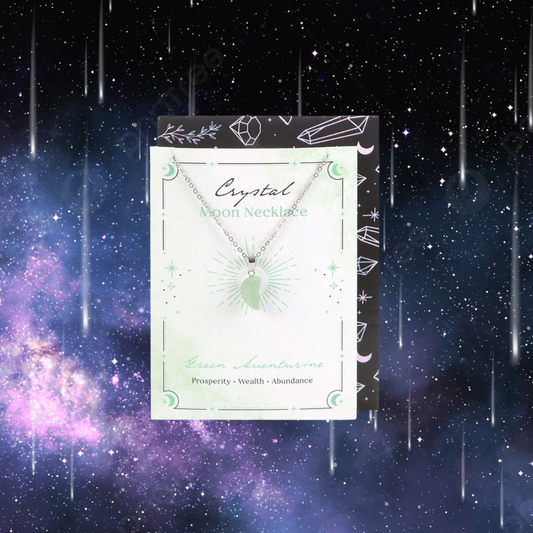 Green Aventurine Crystal Moon Necklace on Greeting Card
