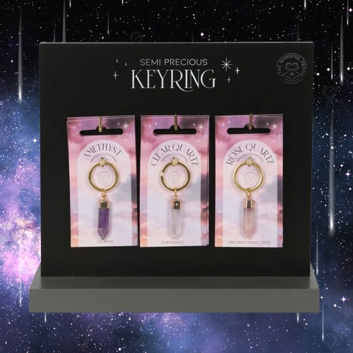 Set of 18 Semi Precious Crystal Keyrings on Display