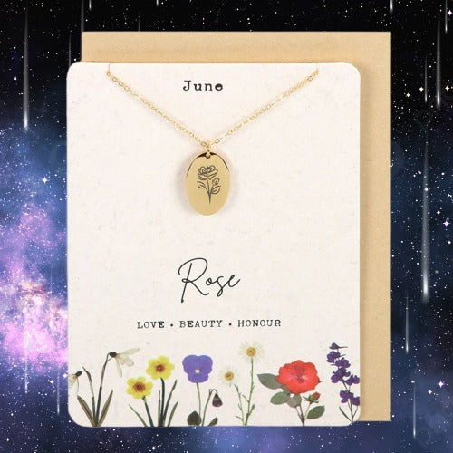 June Rose Birth Flower Necklace Card