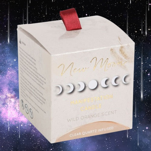 New Moon Wild Orange Manifestation Candle with Clear Quartz