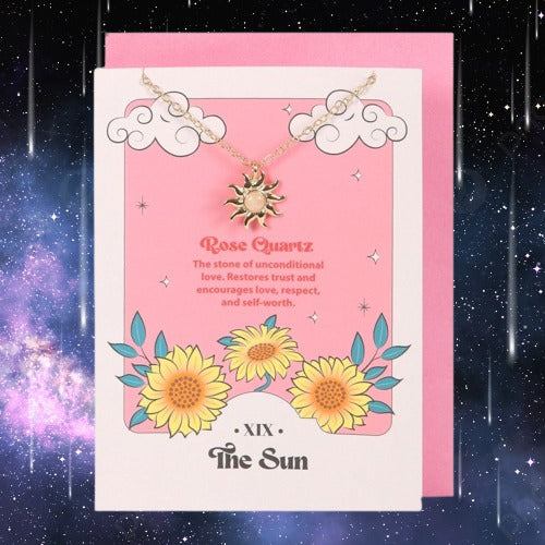 The Sun Celestial Rose Quartz Necklace Card