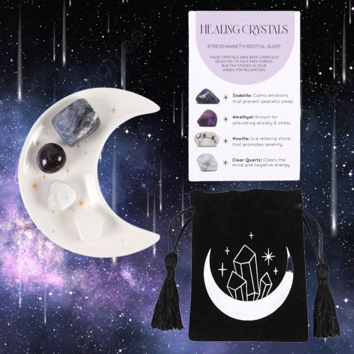 Stress Healing Crystal Set with Moon Trinket Dish