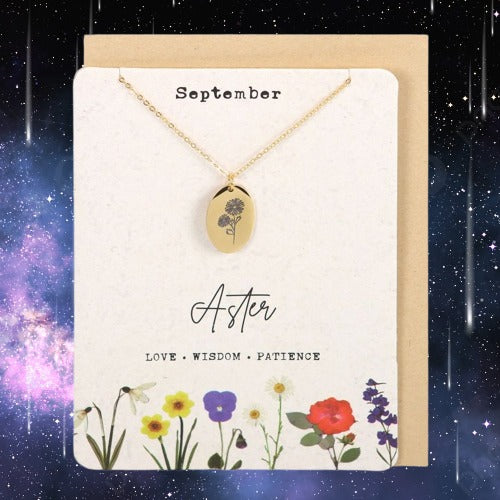 September Aster Birth Flower Necklace Card